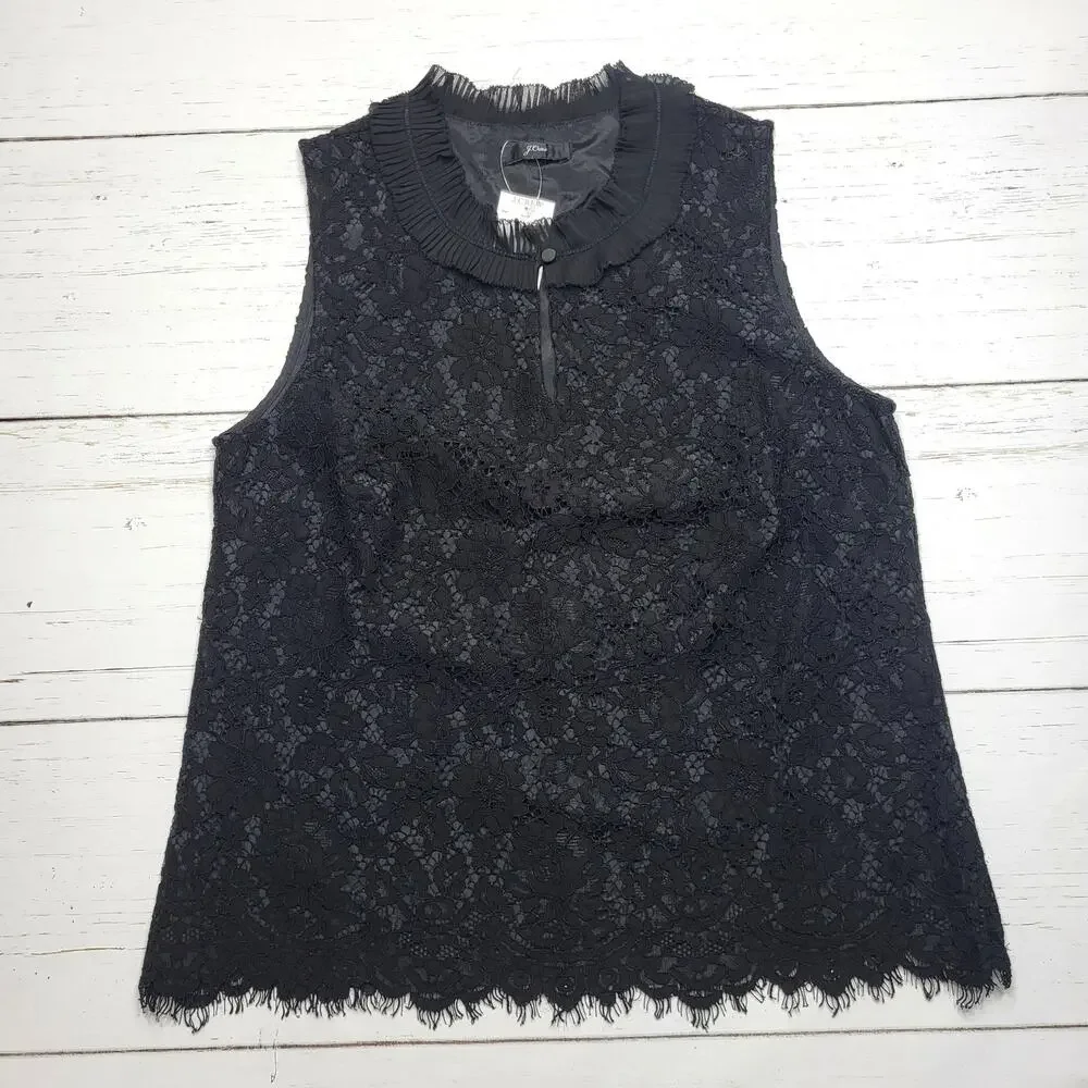 J Crew Black Lace Floral Ruffle Neck Blouse Sleeveless Top Lined Goth Medium